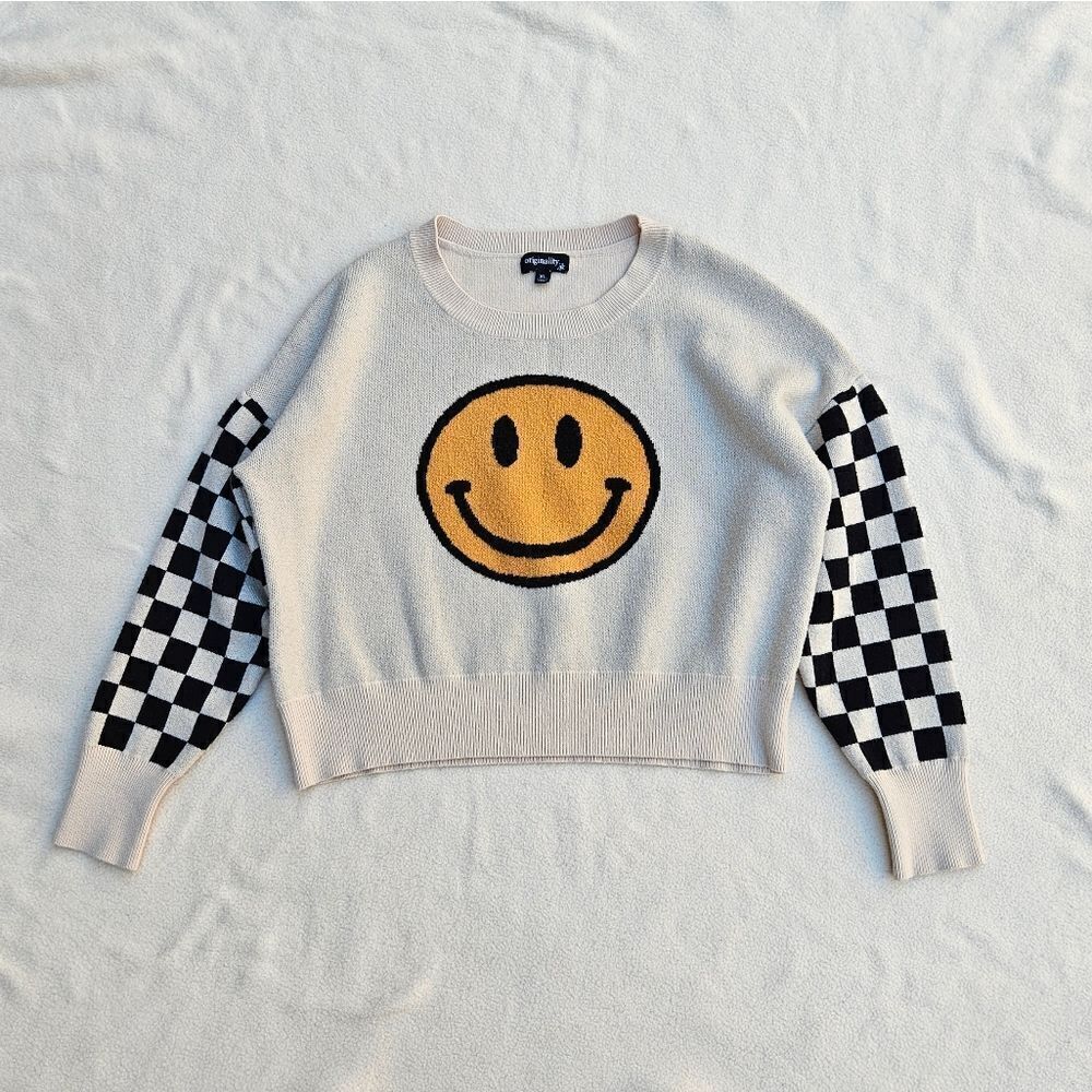 Originality Happy Face Checkered Long Sleeve Sweater Size XL